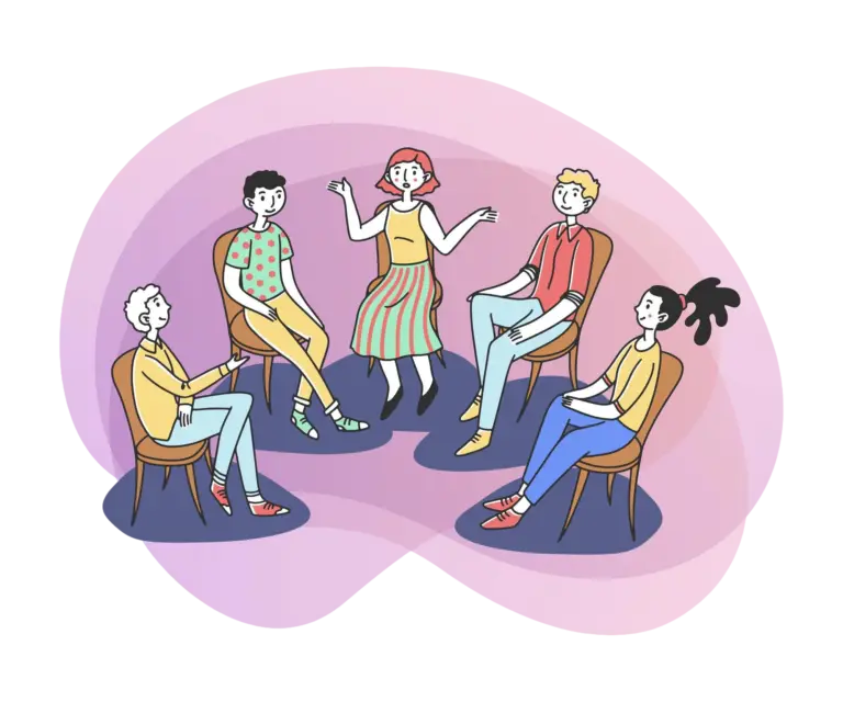 An hand drawn image of people sitting in a semi-circle talking as if in a support group.