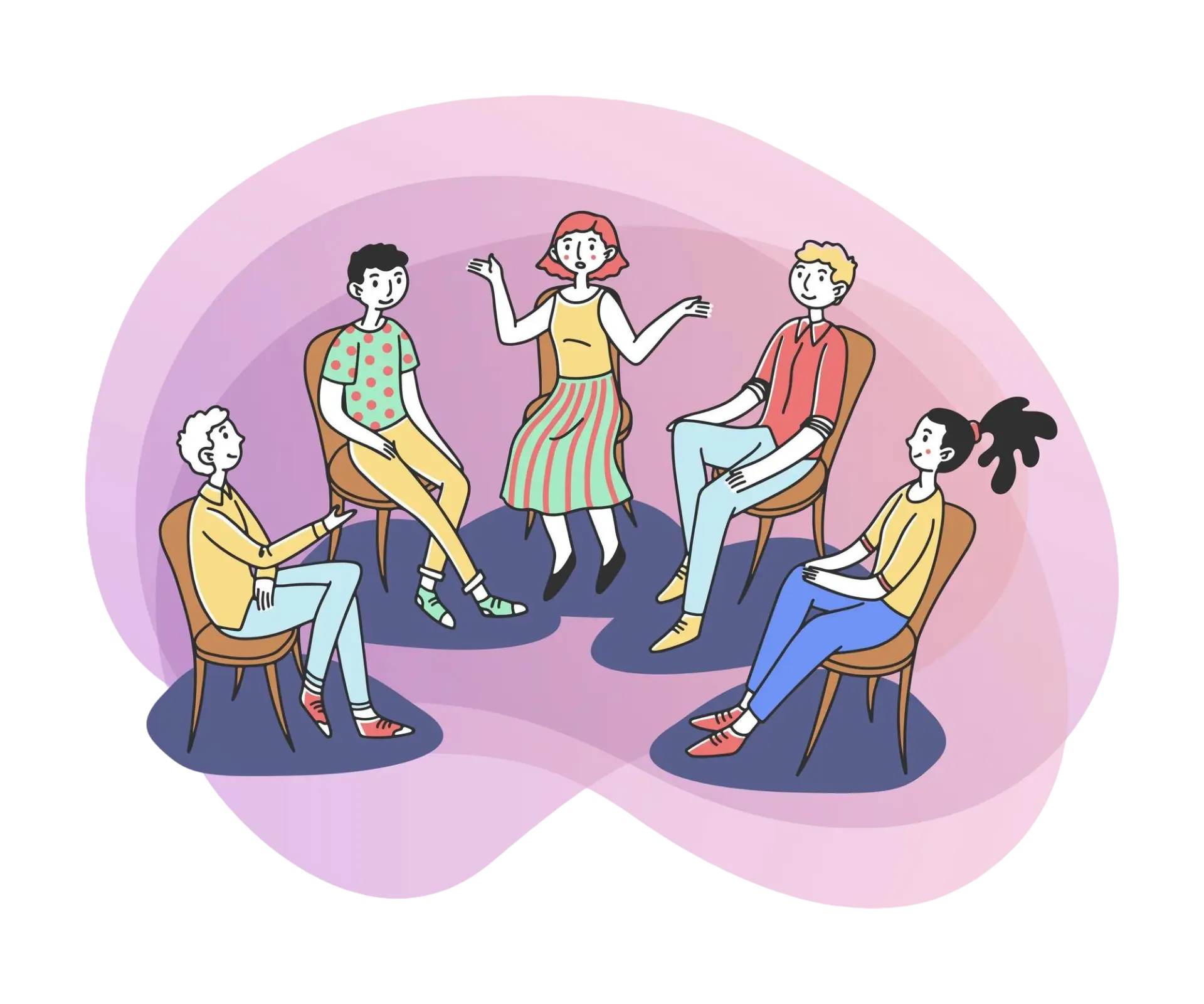 An hand drawn image of people sitting in a semi-circle talking as if in a support group.